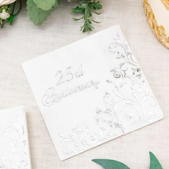 Silver Foil 25th Anniversary Cocktail Napkins {4}