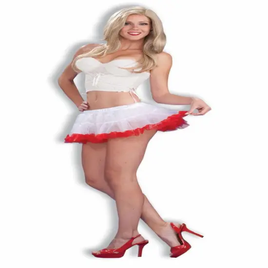 White w/Red Ruffle Mini Crinoline Tutu 10"" Costume Adult Stnd {1}