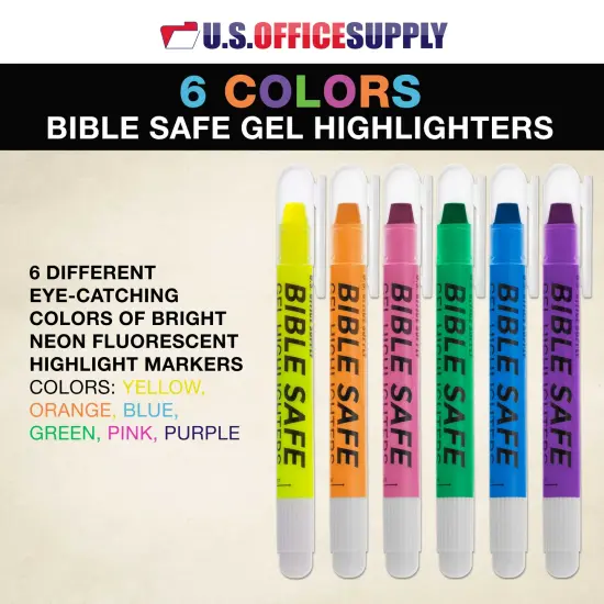 U.S. Office Supply Bible Safe Highlighter Set of 6 Bright Flouresent Colors, Dry Bible Highlighters No Bleed, Fade or Smear, Safe Gel Markers, Accessories, Study Guide {2}