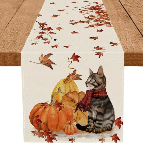 Fall Table Runner Pumpkins Cat Maple Leaf Autumn Harvest Seasonal -13 x 72 Inch {1}