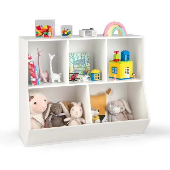 Costway 5-Cubby Kids Toy Storage Organizer Wooden Bookshelf Display Cabinet Natural/White {7}