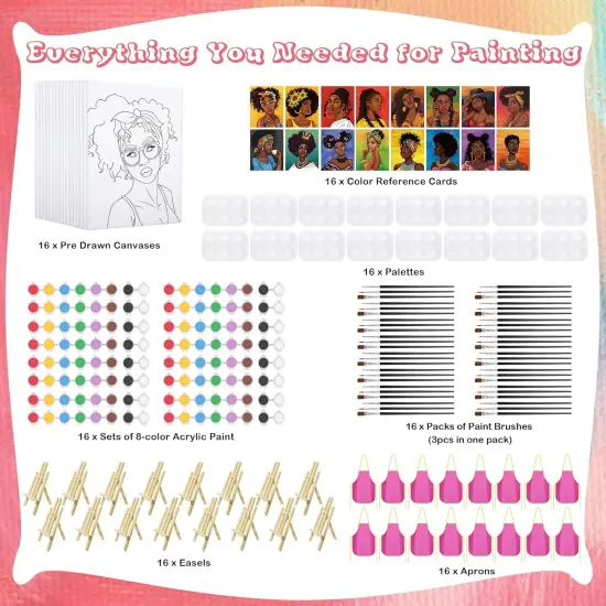 16 Pack Girls Night Sip and Paint Kit - Pre Drawn Canvas with Easels (8" X 10") {3}