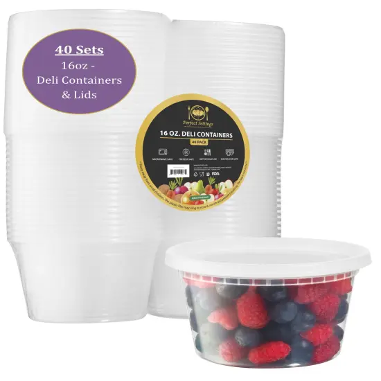 Perfect Settings 16 oz Deli Containers with Lids [40 Sets] Leakproof, Microwavable, Freezer, Dishwasher Safe, Pint Size Plastic Food Storage Container {1}