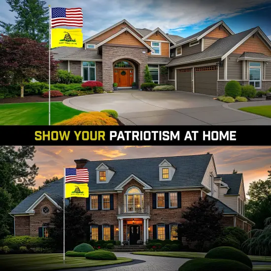 G128 Combo Pack: 20 Ft Telescoping Aluminum Flagpole (Silver) & American and Gadsden Flags 3x5 Ft, Both ToughWeave Series Embroidered Polyester | Pole with Flags Included {4}