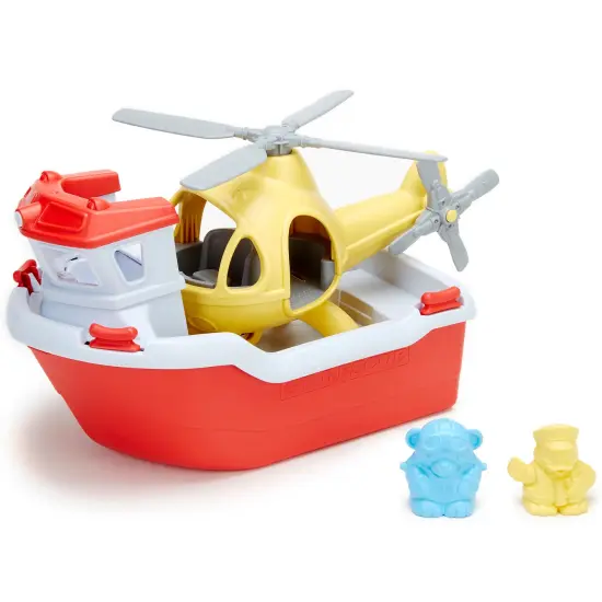Green Toys: Rescue Boat & Helicopter Set - Red-Yellow - 2 Animal Figures, Floating Bath Toy Boat, Moving Propellers, Recycled Material, Kid-Toddler 2+ {1}