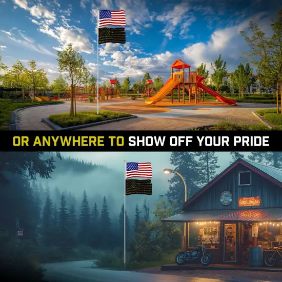 G128 Combo Pack: 20 Ft Telescoping Aluminum Flagpole (Silver) & American and USA Camouflage Flags 3x5 Ft, Both ToughWeave Series Embroidered Polyester | Pole with Flags Included {6}