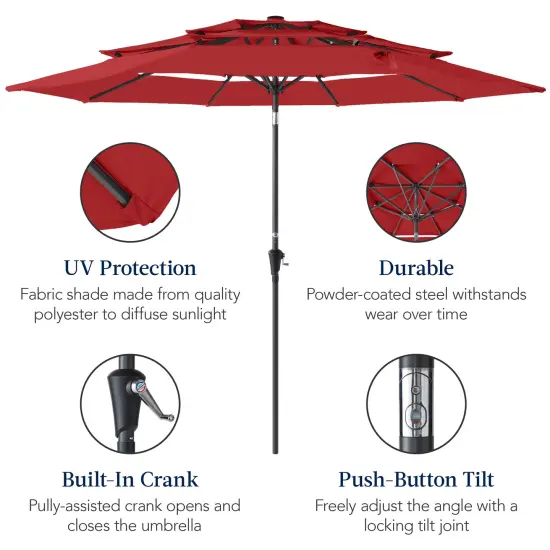 Best Choice Products 10ft 3-Tier Patio Umbrella, Market Sun Shade w/ Tilt Adjustment, Easy Crank Red {6}