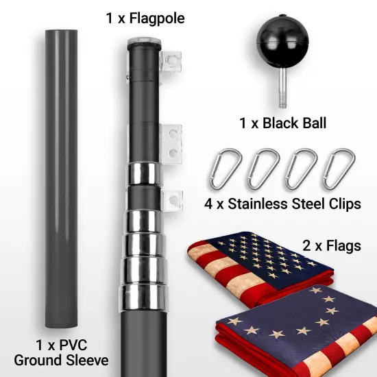 G128 Combo Pack: 20 Ft Telescoping Aluminum Flagpole (Black) & American and Betsy Ross Tea Stained Flags 3x5 Ft, Both ToughWeave Series Embroidered Polyester | Pole with Flags Included {2}