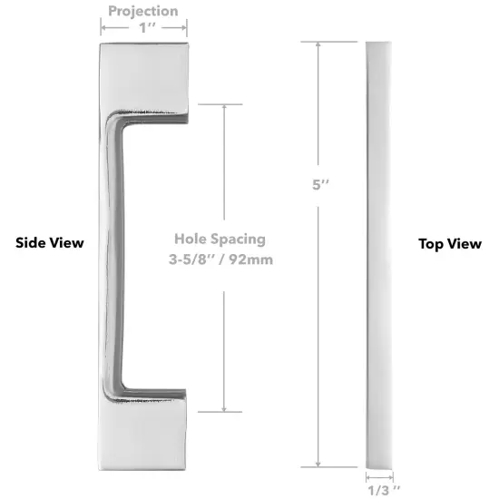 Cauldham Solid Kitchen Cabinet Pulls Handles (3-5/8" Hole Centers) - Modern Thin Profile Drawer/Door Hardware - Style M255 - Polished Chrome {5}