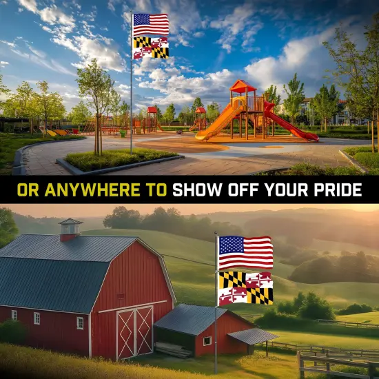 G128 Combo Pack: 20 Ft Telescoping Aluminum Flagpole (Black) & American and Maryland Flags 3x5 Ft, Both ToughWeave Series Embroidered Polyester | Pole with Flags Included {6}