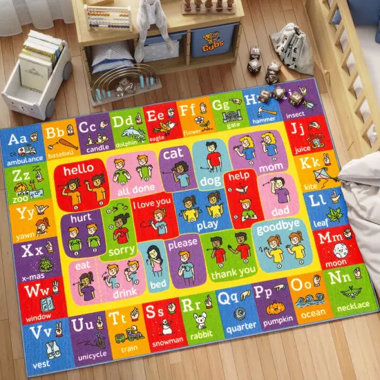 KC Cubs: Educational Rug: ABC Alphabet ASL Sign Language - 5x7' Playmat - Interactive Play, Activity Area Carpet, Bedroom-Classroom, Baby-Toddler-Kids {3}
