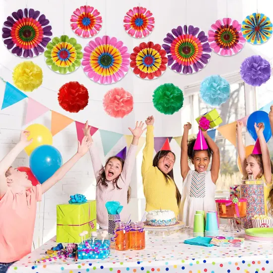 21 Pcs Summer Flower Hanging Paper Fans Flower Paper Fans Classroom Decorations Summer Tissue Pom Poms {2}