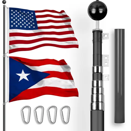 G128 Combo Pack: 25 Ft Telescoping Aluminum Flagpole (Black) & American and Puerto Rico Flags 3x5 Ft, Both StormFlyer Series Embroidered 220GSM Spun Polyester | Pole with Flags Included {1}