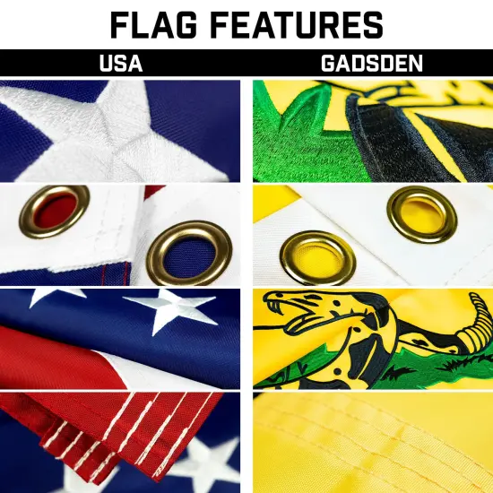 G128 Combo Pack: 20 Ft Telescoping Aluminum Flagpole (Silver) & American and Gadsden Flags 3x5 Ft, Both ToughWeave Series Embroidered Polyester | Pole with Flags Included {3}
