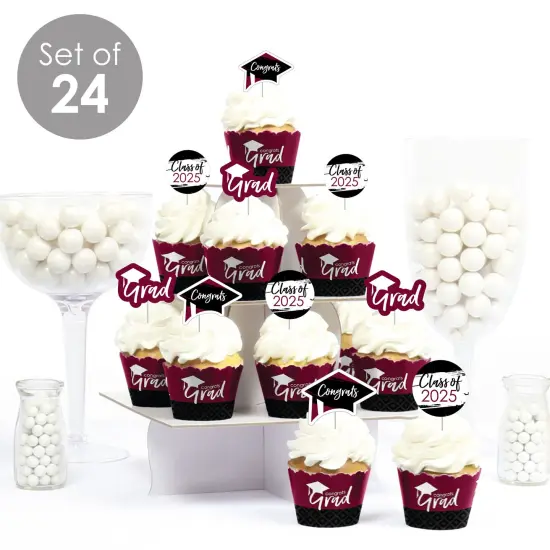 Big Dot of Happiness 2025 Maroon Graduation Cupcake Decoration - Party Cupcake Wrappers and Treat Picks Kit - Set of 24 {4}