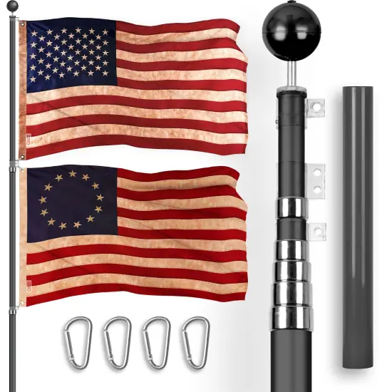 G128 Combo Pack: 20 Ft Telescoping Aluminum Flagpole (Black) & American and Betsy Ross Tea Stained Flags 3x5 Ft, Both ToughWeave Series Embroidered Polyester | Pole with Flags Included {1}