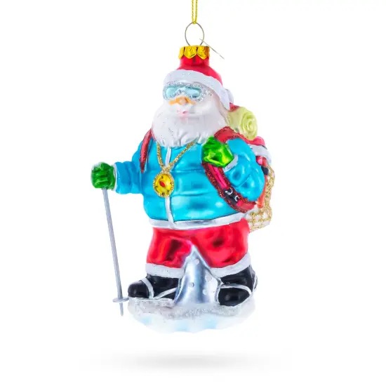 Snowshoeing Santa Glass Christmas Ornament {1}