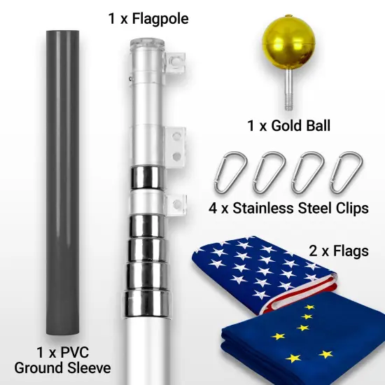 G128 Combo Pack: 20 Ft Telescoping Aluminum Flagpole (Silver) & American and Alaska Flags 3x5 Ft, Both ToughWeave Series Embroidered Polyester | Pole with Flags Included {2}