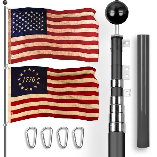 G128 Combo Pack: 20 Ft Telescoping Aluminum Flagpole (Black) & American and Betsy Ross 1776 Tea Stained Flags 3x5 Ft, Both ToughWeave Series Embroidered Polyester | Pole with Flags Included {1}