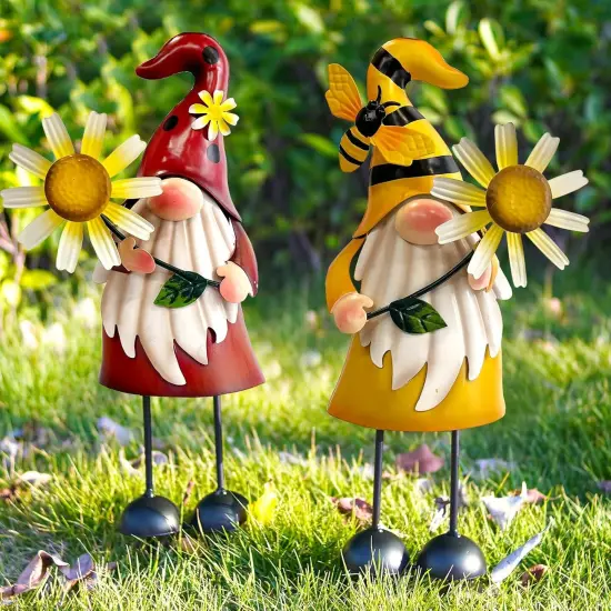 Metal Gnome Yard Art - Metal Gnome Statue -Outdoor Garden Gnome Decorations - Bee and Ladybug Art Sculpture- Christmas Holiday Lawn Patio Yard Garden Decor (Set of 2) {4}