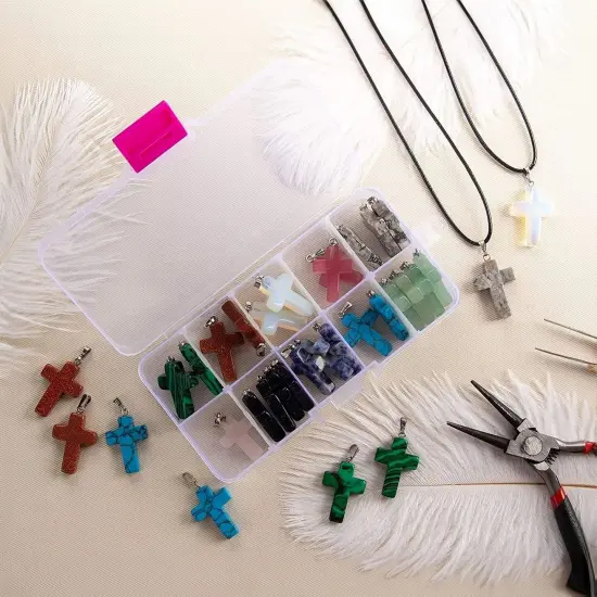 40 Piece Cross Charms for Jewelry Making, Bracelets, with Bail, Storage Case, Natural Gemstone Pendants for Necklaces, DIY Crafts, Keychains (10 Colors) Multicolor {6}