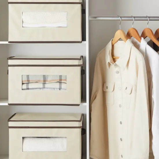 3 Pack Stackable Storage Bins With Lids, Handles, Foldable for Closet Organization (12 Inch, Cream) Brown {2}