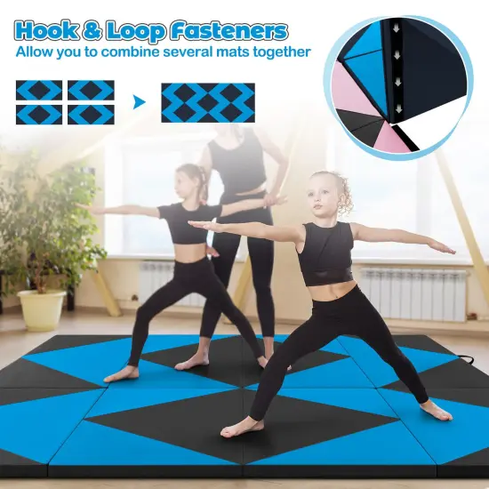 8 Feet PU Leather Folding Gymnastics Mat with Removable Zippered Cover and Hook and Loop Fasteners Blue {5}