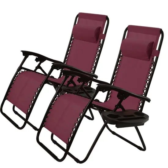 Set of 2 Folding Zero Gravity Recliner Chairs with Cup Holder Tray and Headrest for Patio or Lawn Burgundy {1}