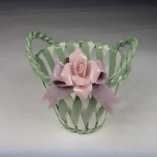 Ceramic Weaved Basket with Pink Rose Flower, Gift for Her, Gift for Mom, Home Decor, Vanity Decor {3}
