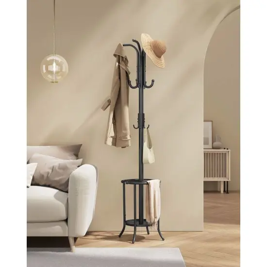 Metal Coat Rack with Umbrella Holder and 12 Hooks Black {2}
