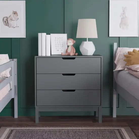 Emma and Oliver Samuel Kids Triple-Drawer Dresser with Solid Wood Frame, Chest of Drawers for Kids Bedroom Gray {1}