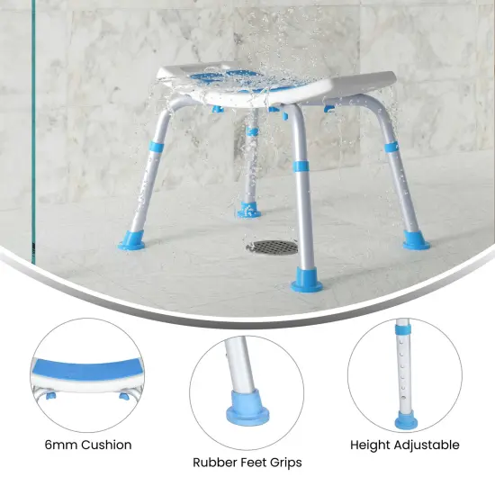 Emma and Oliver Ramsey Shower Stool with 6 Adjustable Height Settings, Padded Seat and Non-Slip Feet White and Blue {3}