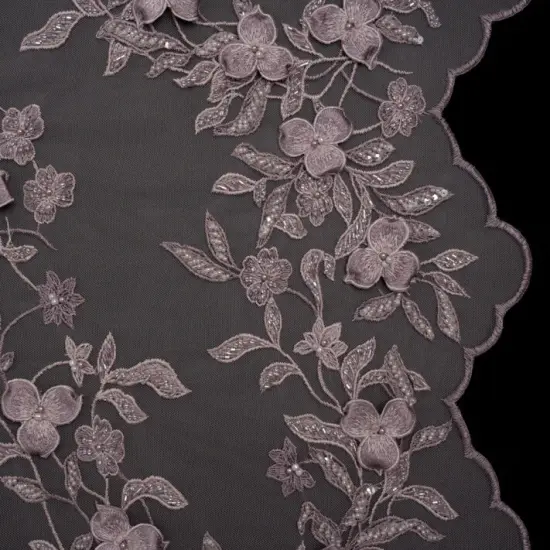 1 Yard 3D Embroidered Lace with Beads and Scalloped Edges Lilac Floral Fabric 54 inch Width {1}