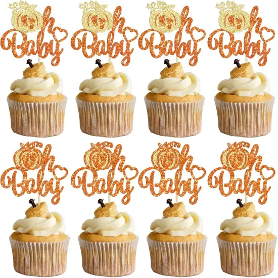 24Pcs Pumpkin Oh Baby Cupcake Toppers Glitter Pumpkin Themed {1}