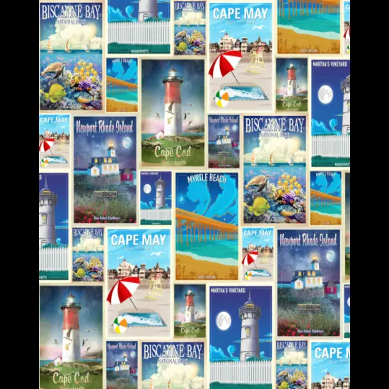 Seaside East Coast Vacation Digital Cotton Print Fabric | By the Yard | Sewing and Crafting | 44 inches wide {1}