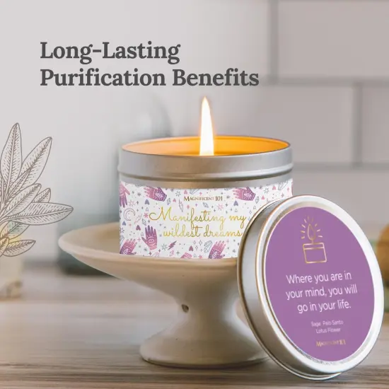 Magnificent 101 Long Lasting Affirmation Tin Candle with Sage & Palo Santo Scented | 6 Oz - 35 Hour Burn | Made of Soy Wax for Abundance, Meditation, Manifestation | Manifesting My Wildest Dreams Multicolor {2}