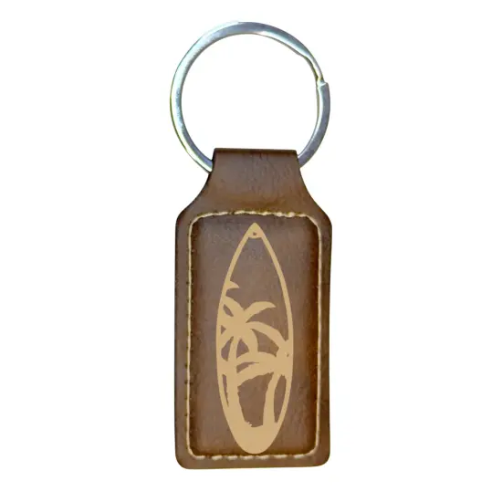 Keychain - Rectangle - Palm Tree Surfboard - Leather Black/Silver {5}