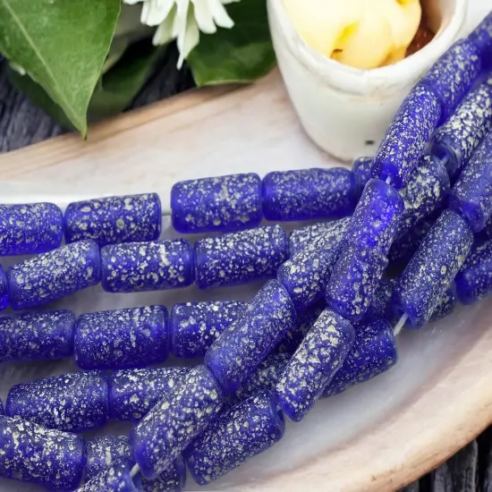 10x25mm Matte Cobalt Blue Pompeii Tube Beads (18" Strand) - Indonesian Glass Beads {4}