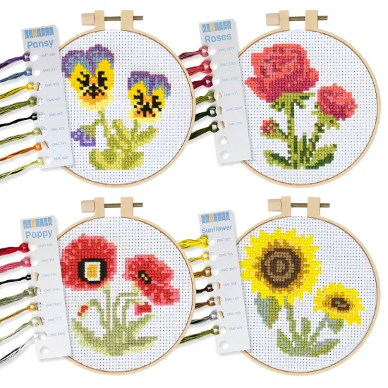 Cross Stitch Kits for Beginners (Flower Theme - 6.75 Inch - 4 Pack 1 x Embroidery Hoop) DIY Embroidery Needlepoint Patterns for Adults, Includes Poppy, Rose, Sunflower and Pansy. {1}