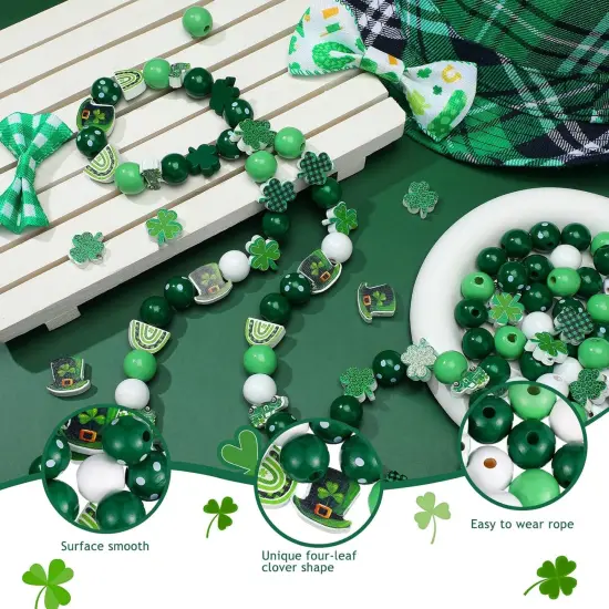 200 Pieces St. Patrick's Day Wood Beads Green Wood Spacer Round Beads St. Patrick's Day Wooden Craft Kits for DIY Crafts Garland Home Party Decor Ornaments (Shamrocks Style) {5}