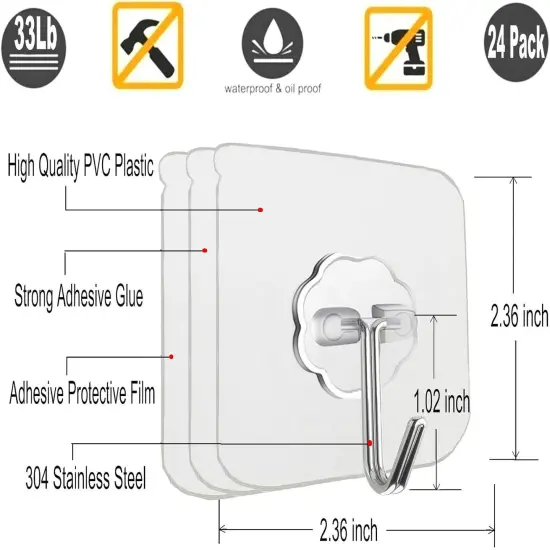 24 Pack Heavy Duty Self Adhesive Hooks - 33lb Max, Transparent Sticky Wall Hooks {2}