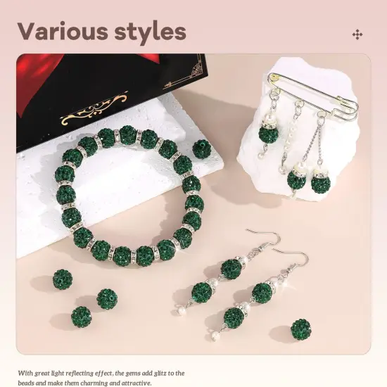 105pcs 10mm Rhinestone Beads for Jewelry Making, Dark Green Shiny Round Disco Ball Beads Bulk, Sparkle Crystal Clay for Bracelet Baseball Necklace Earring Crafting and DIY {2}