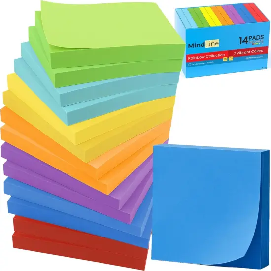 14 Pack Sticky Notes - Rainbow Colors Self-Stick Pads - Strong Adhesion, Smooth Writing, No Residue - Easy to Post for Home, Office, School - 72 Sheets/Pad {1}