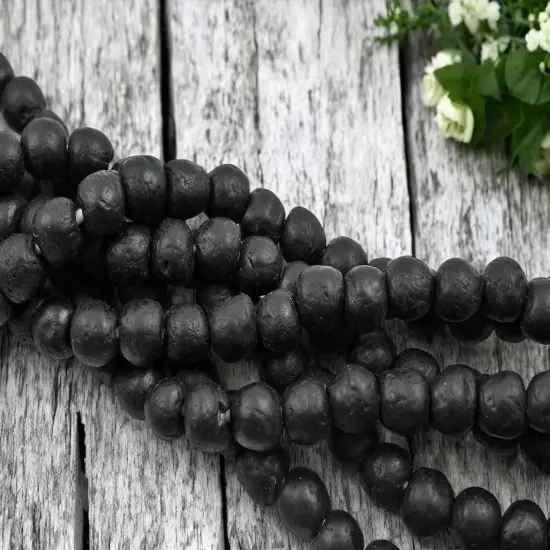 10-11mm Jet Black African Recycled Glass Beads (20" Strand) {1}