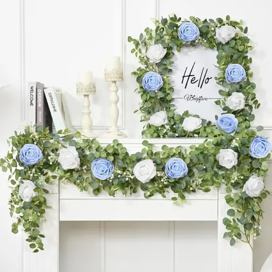 6.07FT Artificial Eucalyptus Garland with Flowers, Fake Rose Gypsophila Floral Garland, Greenery Garland Floral Vines for Wedding Table Backdrop Party Centerpiece Room Decor (Blue) {4}