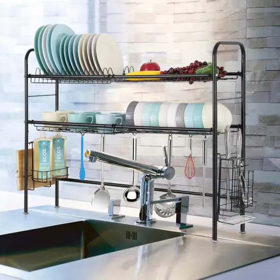Stainless Steel 2-Tier Adjustable Dish Rack 304 Rust-Proof Kitchen Organizer with Removable Hanging Baskets, Water Tray & Non-Slip Feet Space-Saving Drying Rack for Utensils, Pots, Dishes {4}