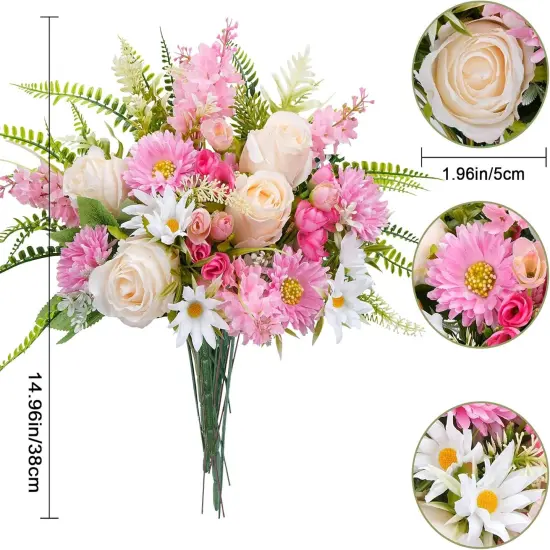 Artificial Flowers Fake Roses Flower Bouquet 13Pcs Silk Flowers with Gerbera Daisy Spring Florals Arrangements for Spring Table Centerpiece Home Wedding Farmhouse Decor（14.96"，Pink） {2}