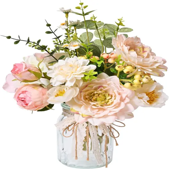 Artificial Hydrangea in Vase for Home Decor, Fake Silk Pink Flower Bouquet Artificial Flowers with Pot, Faux Dahlia Arrangement for Fall Spring Home Living Room Decor, Centerpiece Table Decorations {1}