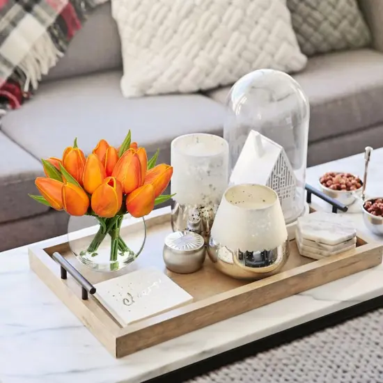 Artificial Orange Tulips in Vase with Faux Water 6" Real Touch Flowers Fake Tulips Small Flowers Arrangement in Round Glass Vase for Mother's Day Table Centerpiece Wedding Home Decor {5}