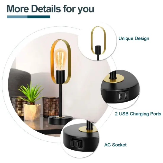 Modern Oval Ring Table Lamp Unique Desk Light with 2 USB Ports & AC Outlet for Bedroom, Office, or Living Room {3}